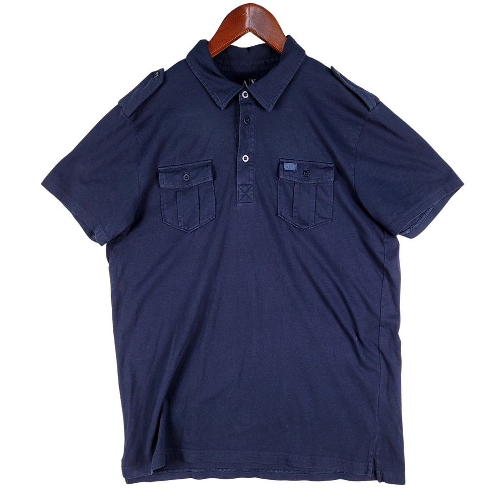 Armani Exchange Polo Shirt Men's Large Black Epaulettes Short Sleeve 2‎ Pocket